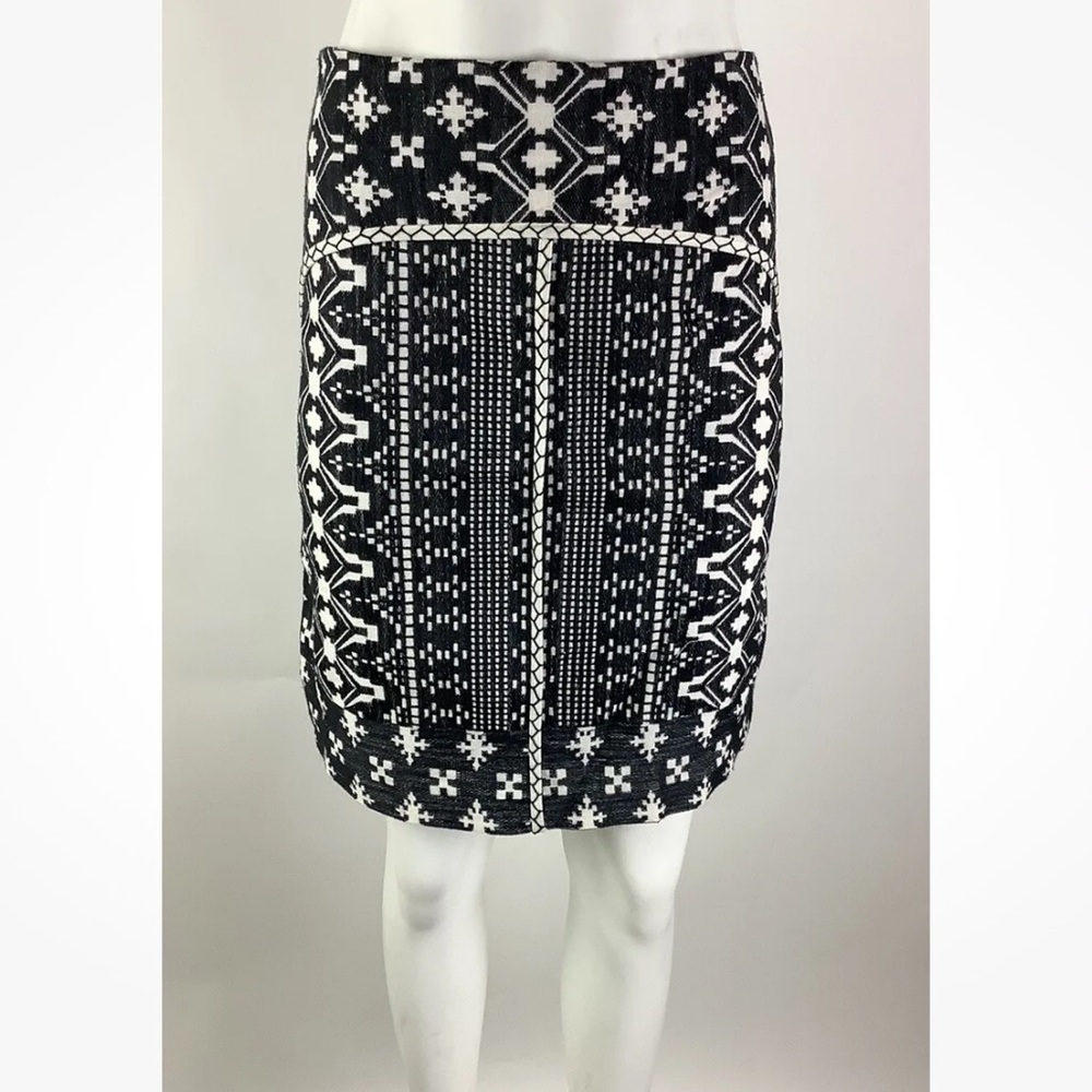Kobi Halperin Sz 2 Printed Embroidered Pencil Skirt Black White Cotton Linen